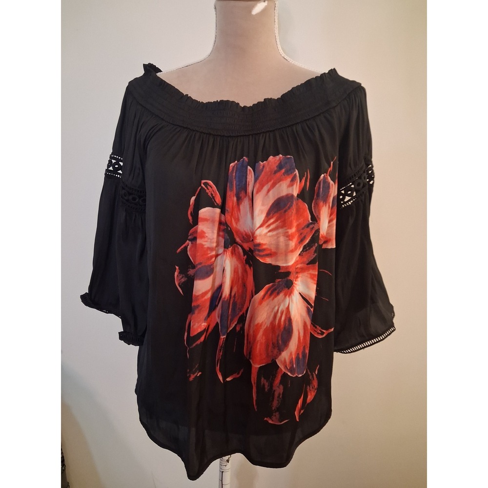 Jennifer Lopez Black Floral Off Shoulder Blouse Red Lace Trim Bell Sleeve Large